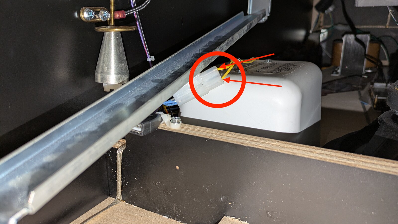 JJP shaker motor connector inside the game cabinet with wire tap location highlighted