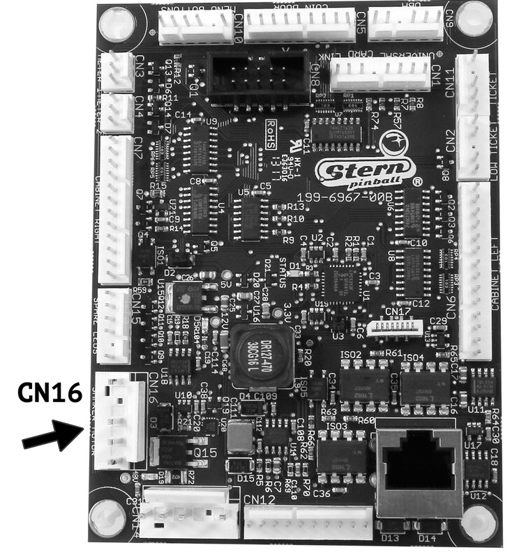 Stern cabinet node board with CN16 location marked